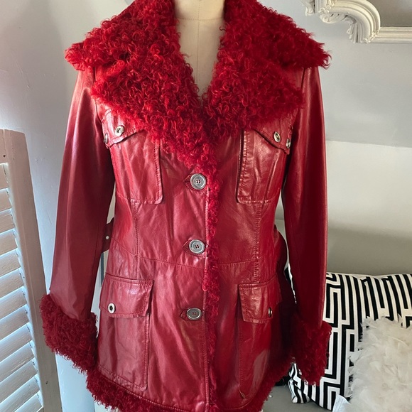 Vintage Berto Lucci Creazione  Fur Trimmed Red Leather Jacket - Picture 3 of 16